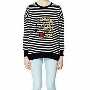 ZARA | Embroidered Tiger Graphic Striped Black & White Sweater Women’s Size L